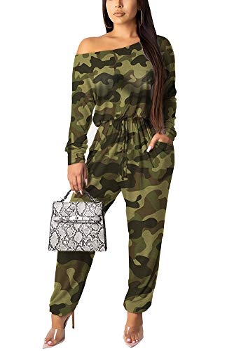 Women One Shoulder Jumpsuit - Casual Fall Long Sleeve Loose One Piece Pants Suit Set Club Outfit Camo L