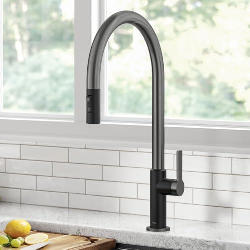 Image of KRAUS Oletto High-Arc Single Handle Pull-Down Kitchen Faucet in Matte Black /Spot Free Black Stainless Steel, KPF-2821MBSFSB