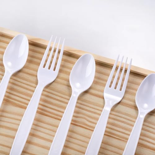 Image of MOACOCK 200 Count White Plastic Silverware, Heavy Weight Plastic Forks Spoons Disposable Utensils Cutlery Set for Wedding Party Supplies Everyday Use