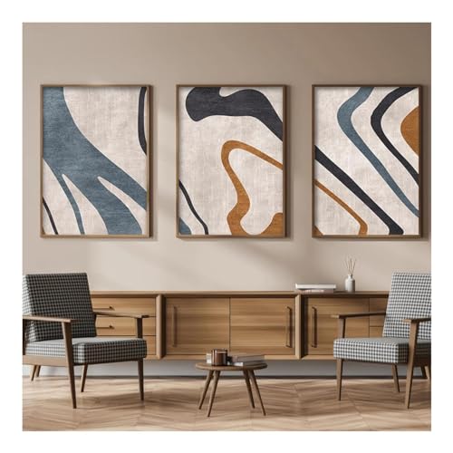 Toile abstraite bleu beige salon triptyque mural JGGXHM 85x120x3 cadre