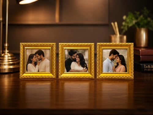 Image of Photo Frame Set of 3 - Modern Tabletop Picture Frames for Desk, Living Room & Bedroom Decor, Perfect for Wedding, Couple & Family Photos (3 x 3 inches) (Golden design)