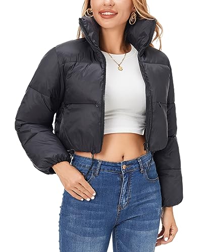 Fuinloth Women's Puffer Jacket, High Stand Collar Zip Pocket Crop