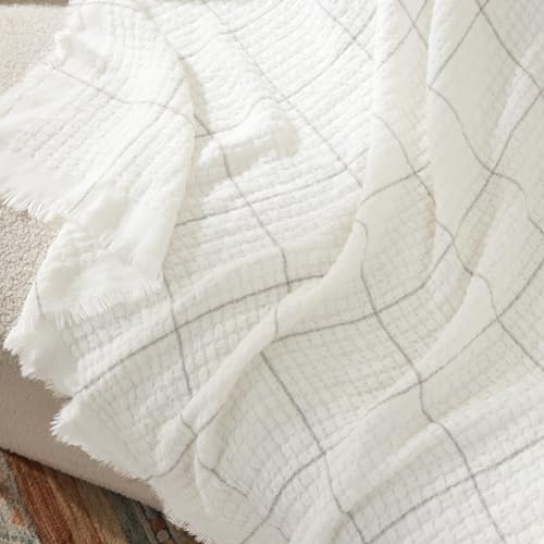 Bedsure BLANKET-BASKET WEAVE GRID PLAID Cream Throw Blanket For Bed - White Decorative Woven Throw Blankets thumb #5