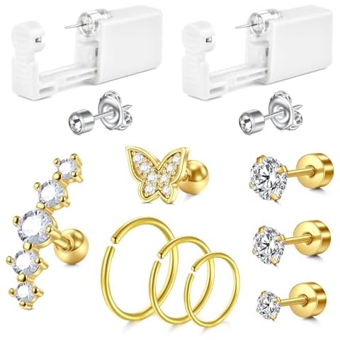 JIESIBAO Professional Gold Cartilage Ear Piercing Gun Kit with 16G CZ Earring Studs 3mm 4mm 5mm,Cartilage Earrings with Butterfly Studs and Versatile Hoop Earrings 8mm 10mm 12mm Cover