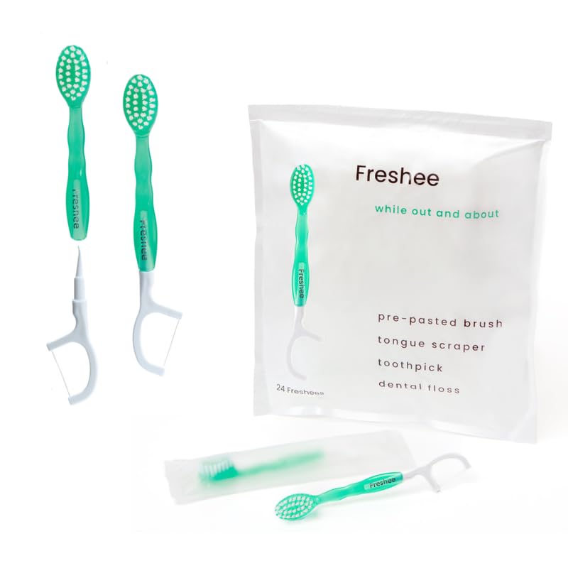 Freshee Paste - 5 in 1 Disposable Mini Toothbrush with Soft Bristles & Toothpaste + Floss + Pick + Tongue Scraper | Travel Size | Individually Wrapped