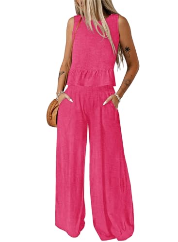 Image of Dokotoo Womens 2 Piece Outfits Tank Tops Elastic Waist Wide Leg Pants Sets | Sleeveless,Wide Leg,Loungewear Set,Cruise Travel Outfits,Beach Vacation Clothes,With Pocket