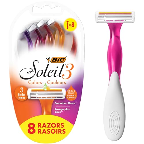 BIC Soleil 3 Colors Women's Disposable 3 Blade Razors, Colorful Handles and Moisture Strip, 10-Pack