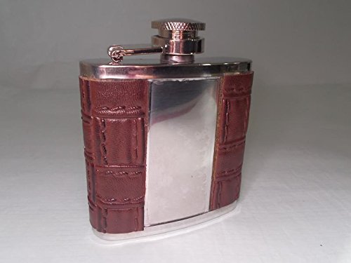 Stainless Steel and Stitched Leather Hip Flask 3 Oz (89 ml), Design Engraved - Alcoholic Beverage Holder-image-2