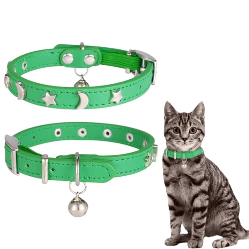 WeddHuis Collare in Pelle per Gatti Maschio e Femmina, con Campanello e Cintura Elastica di Sicurezza, Collare a Stella e Luna (1 pezzo)
