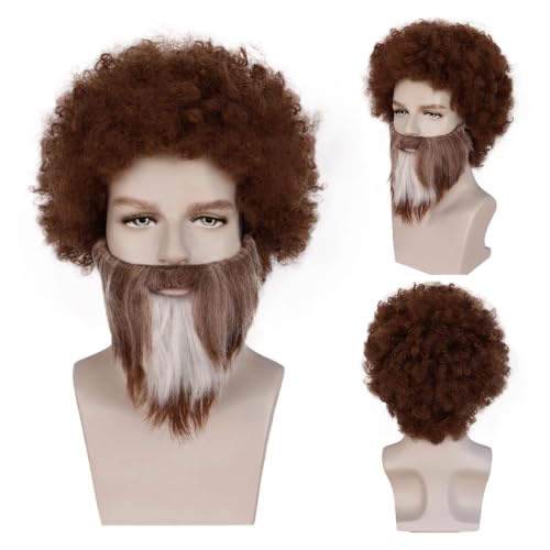 Perruque synthétique courte bouclée brune et barbe volume naturel - 4