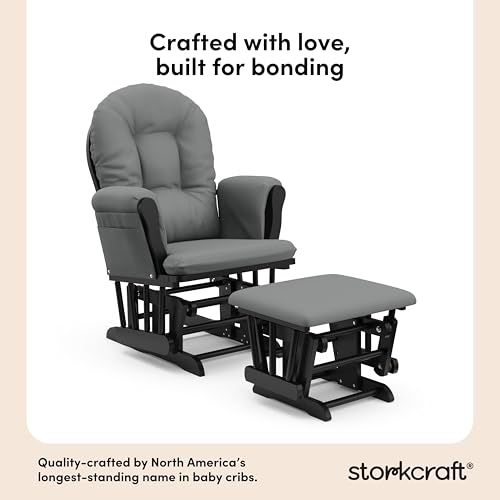 Image of Storkcraft Premium Hoop Glider & Ottoman (Black with Gray) - GREENGUARD Gold Certified, Solid Wood Craftsmanship, Convenient Storage Pockets, Smooth-Gliding Chair for Nursery, Multi-Award-Winning
