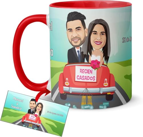 Kembilove® Taza personalizada boda caricatura coche recién casados | regalo original novios | detalle divertido con nombres y fecha | taza boda personalizada para pareja Kembilove® Taza personalizada boda caricatura coche recién casados | regalo original novios | detalle divertido con nombres y fecha | taza boda personalizada para pareja