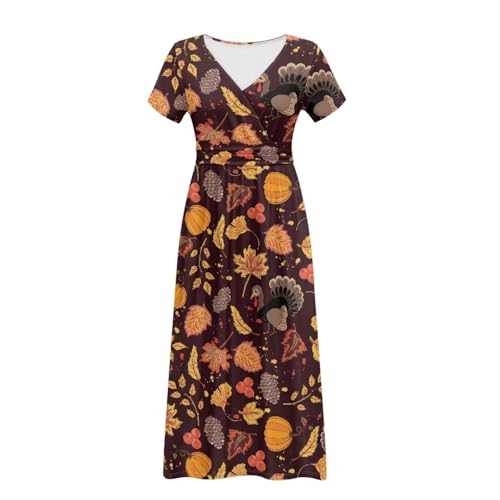 Image of Women's Fall Summer Short Sleeve Ankle Length V-Neck Party Dress with Pockets Size S-3XL