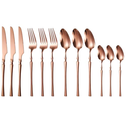 Image of aDai Rosegold Silverware Set | Satin Finish 12-Piece Korean Vintage Style Flatware Set | Dishwasher Safe Stainless Steel Cutlery for Home, Restaurant & Gifting