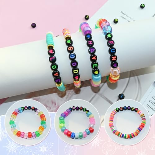 Image of Amaney 1400pcs Colorful Letter Beads Round Alphabet A-Z Heart 4x7mm Black Acrylic Beads and Crystal Line for Jewelry Making