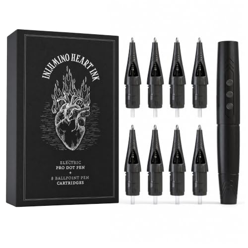 Inlumino Heart Ink Tattoo Practice Pen Wireless Rotary Dot Pen Machine with 8 Black Ballpoint Cartridges Electric Tattoo Training Tool with 2 Batteries & Magnetic Carry Case
