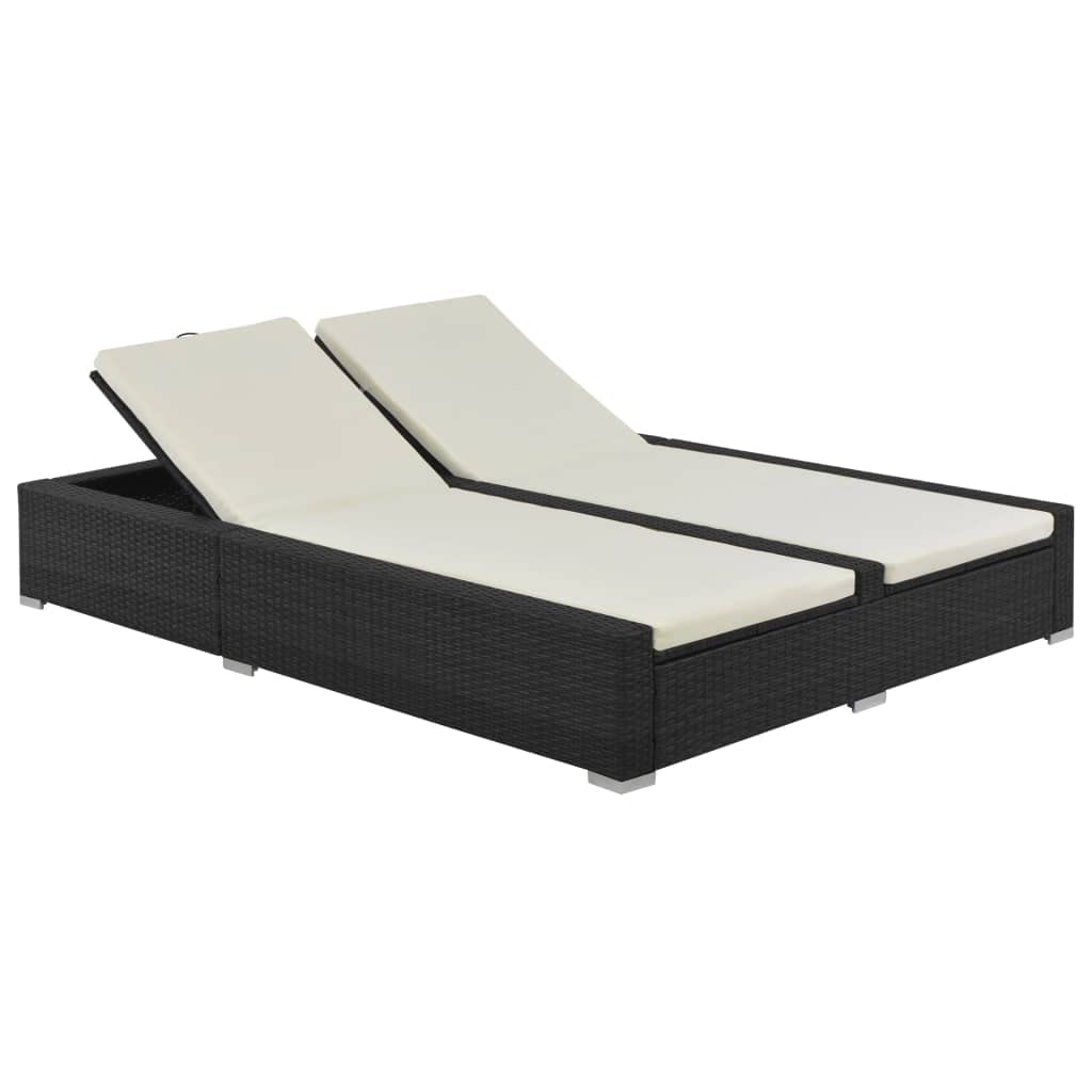 Lettino prendisole matrimoniale in polyrattan nero con schienale regolabile, 202 x 145 x 80 cm, 2 cuscini, facile da pulire, per terrazza, balcone, piscina
