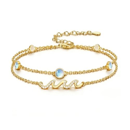 Qyvit Wave Anklet 925 Sterling Silver Adjustable Moonstone Wave Ocean