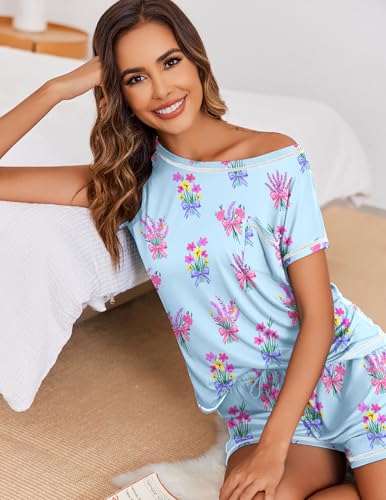 Image of Ekouaer Womens Pajama Sets 2 Piece Soft Short Sleeve Top and Shorts Sleepwear Round Neck Pjs Lounge Set with Pockets