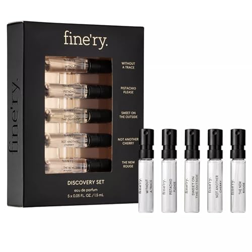 Image of Fine'ry Discovery Gift Set - 5pc Mini Eau De Parfum Travel Perfume Samples ft. Pistachio Gelato, Vanilla, Cherry Almond, Amber, The New Rouge, Without a Trace - Gourmand, Saffron (5 x 1.5mL)