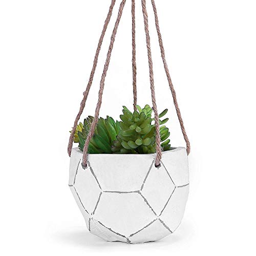 MyGift Hand-Painted Clay Hanging Planter, Indoor Succulent Plant Pot with Sturdy Rope and Geometric Design