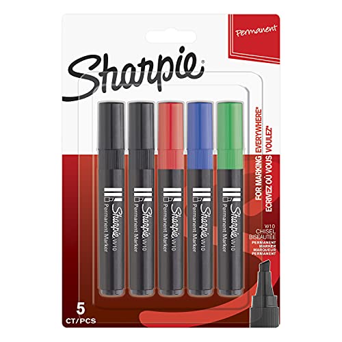 Sharpie W10 Permanent Markers, Chisel Tip, Assorted Colours, 5 Count