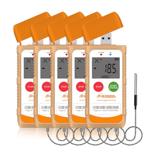Image of Frigga 5 Pack Temperature Data Logger with External Probe LCD Digital Recorder - Single Use, 100 Days, USB, High Accuracy, 14400 Points, PDF CSV Report, M1E