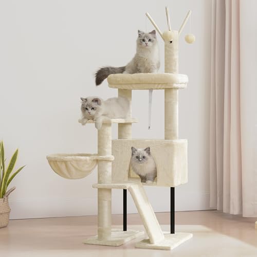 Image of Gitelsnour Cat Tree Tower for Indoor Cats, Top Platform with Toy, GCT006SM | 49.2 inch Cat Condo House, Sturdy Base, Scratching Post & Board, 3 Balls, Hanging Basket, Small Cats and Kittens, Beige