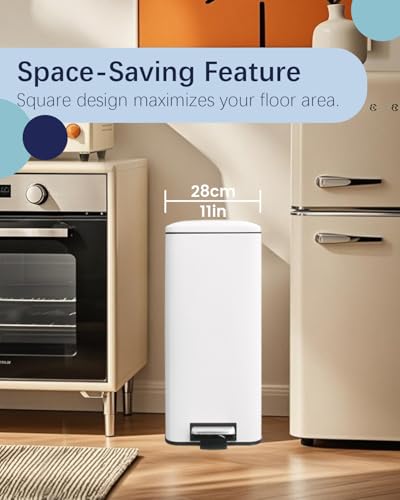 8 Gallon Square Trash Can with Lid, White Kitchen Trash Can with Soft Close, Stainless Steel Pedal 30 Liter Garbage Can for Home, Kitchen, Laundry Room, Office, Bedroom, Bathroom
