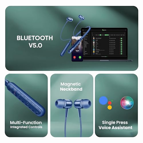 Image of Neckband Bluetooth Headphones with 20+Hrs Playtime, ENx Clear Voice Calls, 10mm Driver, Type C Charging, Voice Assistant Bluetooth Neckband Headphone - (Blue)