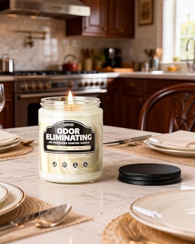 Image of AOOVOO Vanilla Cream Odor Eliminating Highly Fragranced Candle - Eliminates 95% of Pet, Smoke, Food, and Other Smells Quickly, Non Toxic Air Freshing Soy Candle, Up to 50 Hours Burn time