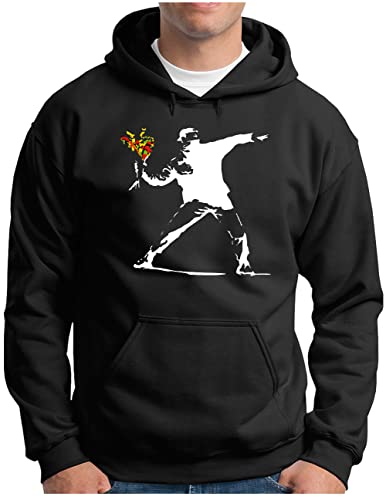 OM3® Banksy Flower Thrower Sweat à capuche | Homme | Urban Street Art Peace Graffiti Punk Indie Social Critique | Pull à capuche S à 4XL, Noir (#1072), M