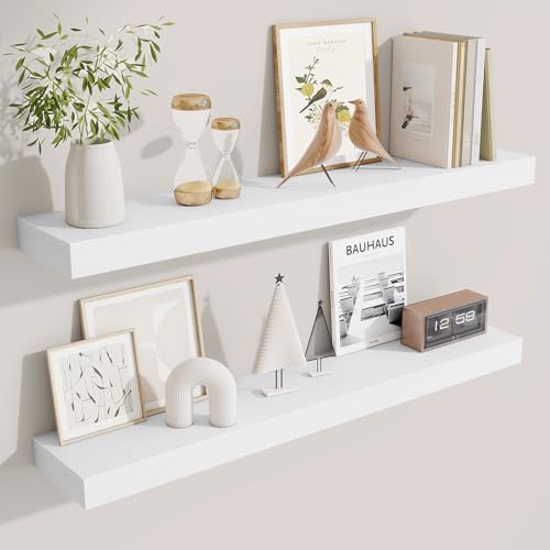Fun Memories Floating Shelves for Room Wall 36 Inch Long Shelf Set of 2 Hanging Wood Shelves for Storage & Display White