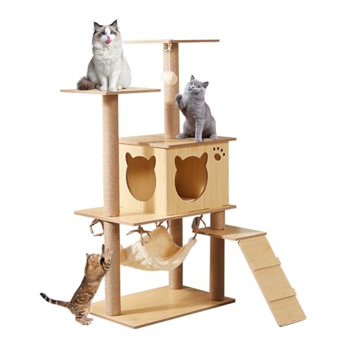 Essgudo キャットタワー 猫タワー 木製 短足猫 猫タワー透明宇宙船 爪とぎ 高さ約115cm 多ステップ 階段付き 省スペース 展望台 安定感 運動不足解消 角丸加工 掃除簡単