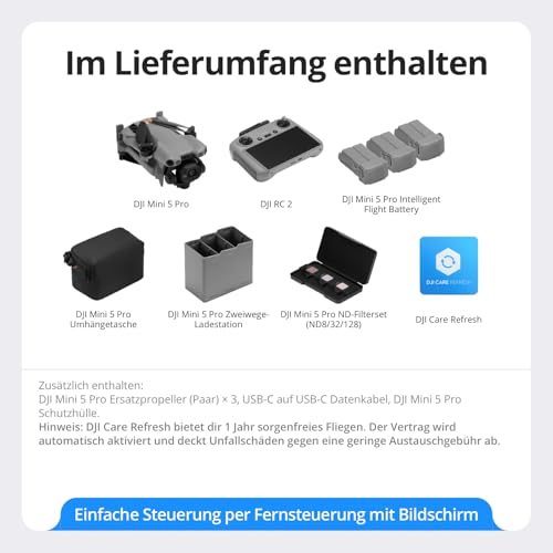 DJI Mini 5 Pro Fly More Combo mit DJI RC 2 und 1 Jahr Care (Automatisch Aktiviert), C0-Zertifiziert, 4K-Drohne f&uuml;r Anf&auml;nger, Drohne mit Kamera, 1-Zoll CMOS, Hinderniserkennung, 225&deg;-Gimbal-Rotation