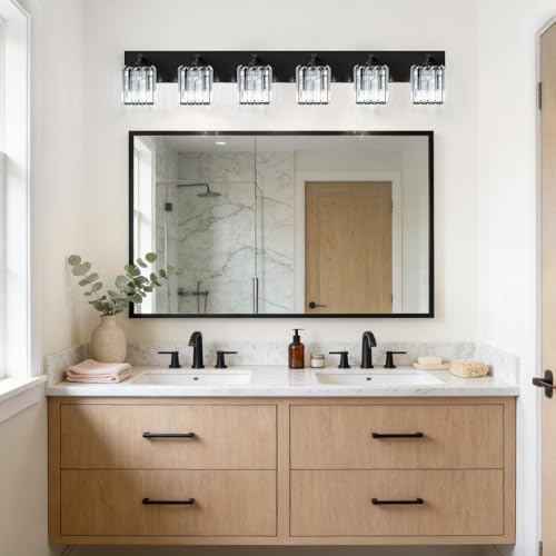 Image of Black Crystal Bathroom Vanity Light, 6-Light Modern Bathroom Lighting Fixtures Over Mirror, Matte Black Wall Sconce Light Fixtures with Square Shade