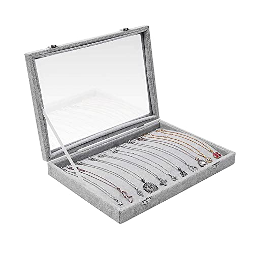 NZPOST Caja de almacenamiento para collares, caja expositora de terciopelo gris con 20 ganchos y tapa de cristal con cerradura, joyero f