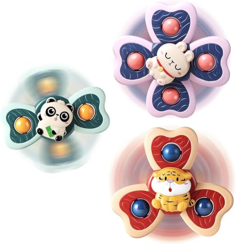ERMON Pack of 3 Spinners for Babies Baby Spinner Toys with Suction Cup Silicone Simple Dimple Colourful Suction Spinner Toys Spinning Tops (Tiger)