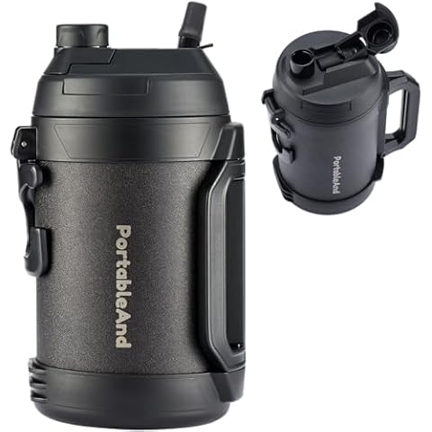 PortableAnd 3.2 Liter / 108 oz Insulated Water Jug with Flip Straw - 24 Hours Cold, Powder-Coated, Durable Handle, Large Capacity for Sports, Gym, Travel, and Camping (Black Powder) Cover