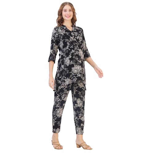Image of AV2 Women Cotton Maternity|Nursing|Feeding Printed Tunic & Bottom Coord Set Black Small 2426