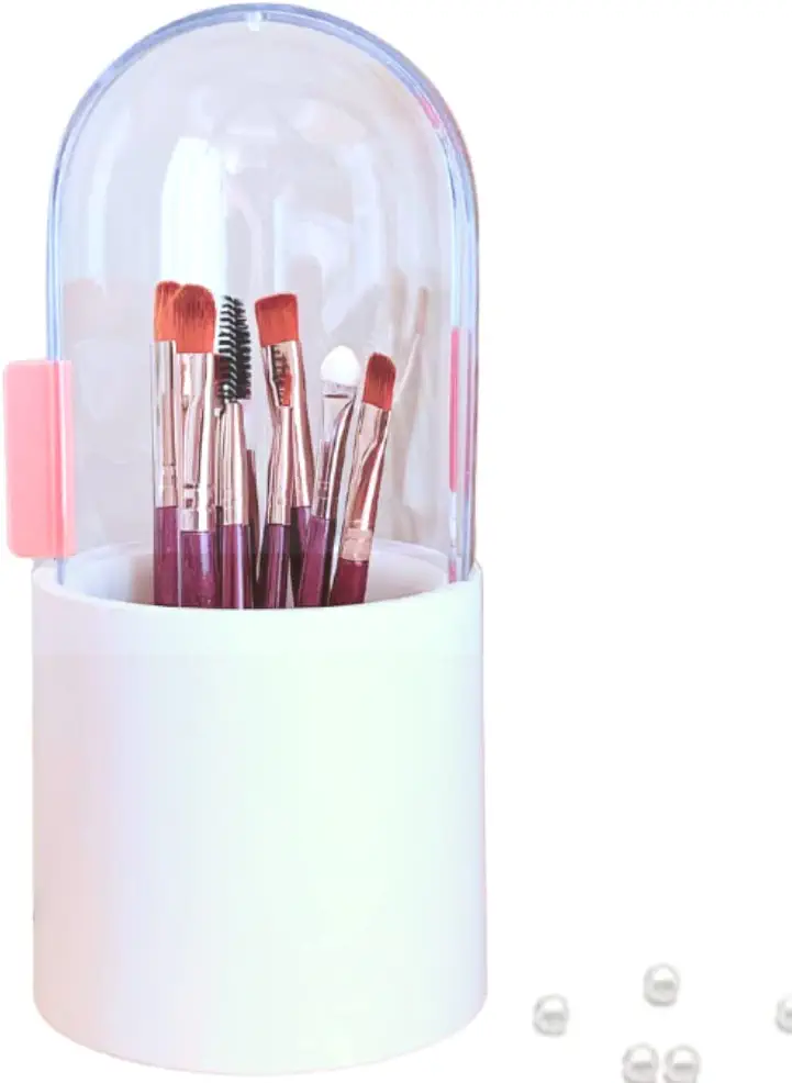 SUNFICON Makeup Brush Organizer Holder w Crystal Clear Rotating Lid Beautiful Pearls Dustfree Cosmetic Brushes Storage Case Display Stand Bedroom Vanity Table Bathroom Cabinet Countertop Gift White
