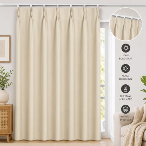 Image of KALIYO Beige Blackout Pinch Pleat Curtains for Living Room & Bedroom | Room Darkening Curtains | Pinch Pleat Header| Noise Reducing | 7 Ft | Pack of 1