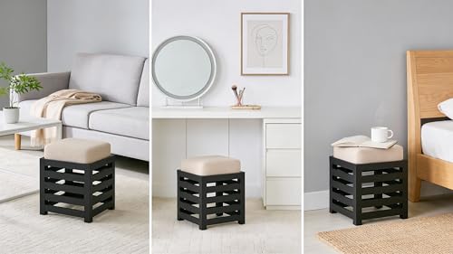 Image of Wooden Ottoman Stool with Cushioned Seat | Modern Square Footrest Pouffe for Living Room Bedroom | Solid Wood Accent Stool for Home Decor Seating (Natural, 12 By 12 Inches)