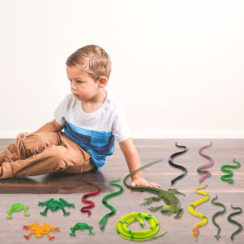 Pinowu 14Stk Realistisch Gummi Schlangentiere, 1 Eidechse 4 Frosch Spielzeug 9 Falsche Schlangen Sortiert für Garten Vögel erschrecken Halloween Gefälligkeiten der Partei