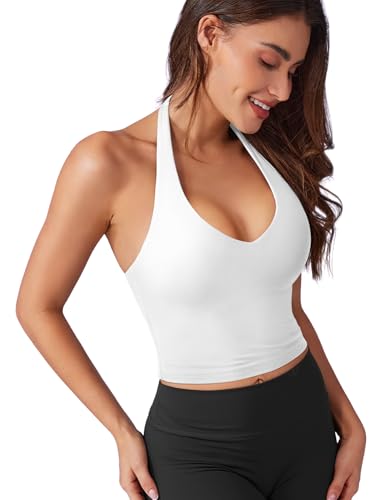 VOYJOY Women Halter Crop Top Padded V Neck Backless Sleeveless Workout Halter Tank Tops Going Out Yoga Gym Clothes2