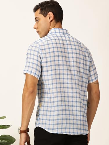 Image of Thomas Scott Men's | Checks | Half Sleeve | Slim Fit | Jute Linen | Spread Collar | Casual Shirt