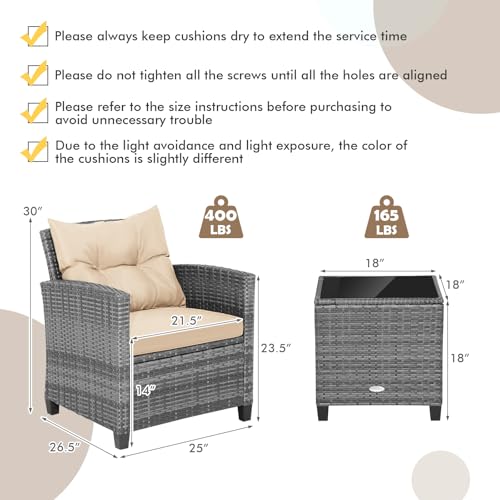 Image of Tangkula 3 Pieces Wicker Patio Furniture Set, Outdoor Rattan Conversation Cushioned Chair Set with Tempered Glass Side Table, for Porch, Balcony and Garden