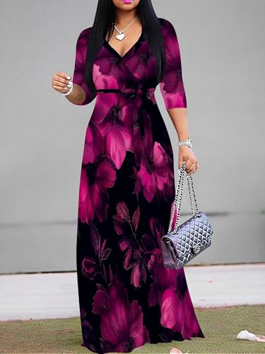 Image of SUZONANA Plus Size Dresses for Women Floral Print Maxi Dress Flowy 3 /4 Sleeve with Belt