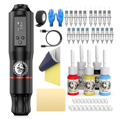 Tattoo Gun Kit, Wormhole Tattoo Kit Wireless Tattoo Machine Kit with 1,600 mAh Capacity Wireless Power Supply Digital LED Display Tattoo Pen Kit WTK279