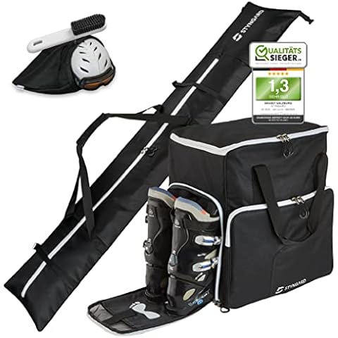 STYNGARD Skitasche Set 4-teilig inkl. Rolltop (140cm-200cm) Skisack und Skischuhtasche mit Helmfach, Helmtasche, Bürste - Stiefeltasche mit Lüftungsgitter Modell Salzburg Cover